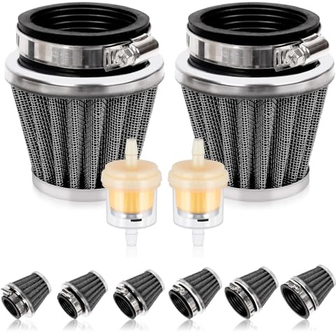 Swpeet 2Pcs 50mm Motorcycle Air Filter with 2Pcs Fuel Filter Replace Assortment Kit, Universal Cone Intake Breather Cleaner Replacement for 50cc 110cc 125cc 150cc 200cc Atv Dirt Bike, Scooter (Black)