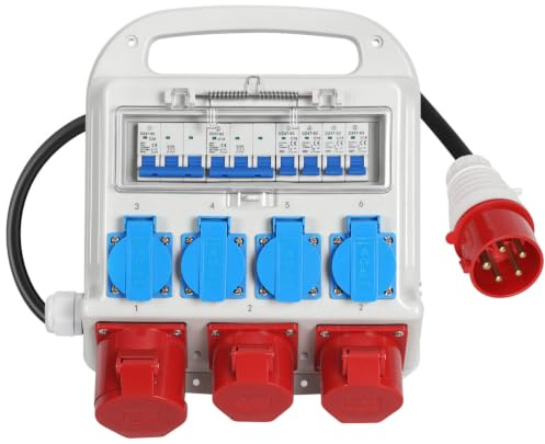 Tysobes Stromverteiler, 2x CEE 16A 400V + 1x CEE 32A 400V + 4x 230V Schuko IP44 5 polig Wandverteiler, Baustromverteiler mit kabelsicherem Klappdeckel für innen und außen, Baustelle