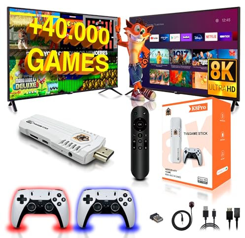 SVP Game - K8 Pro Consola de juegos retro, Game Stick con +40.000 juegos +14 emuladores + Android TV - Game TV Stick, Plug & Play HDMI con 2 mandos y control TV inalámbricos