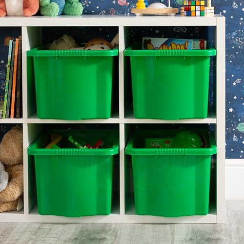 Wham Stack & Store 4 x 24L Plastic Storage Boxes | Ideal for Toys, Classrooms & Playrooms | Stackable & Nestable | Integrated Handles | Made in UK - Green