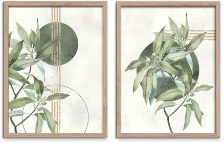 STYLER Bilder Set Green 2x 30x40 cm (AUFHÄNGFERTIG) mit hochwertigem Rahmen - Natürliche Schönheit für Ihr Zuhause - Grün Natur Abstrakte Formen Linien