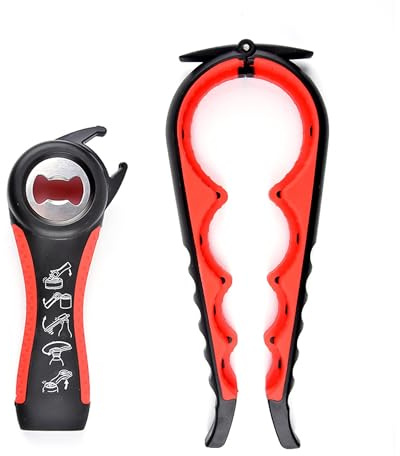 Foyscr Jar Opener,Bottle Opener, Ring Pull Can Opener Set, 5 in 1 Multifunctional Bottle Opener, Stainless Steel Metal for Weak Hands, Elderly and Arthritis (Black + Red).
