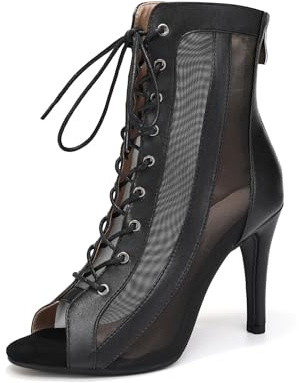 YCALCP Botas de Baile Latino Mujer Botines Salsa Zapatos de Baile de Salon | Heels Dance Shoes Tacones Heels Baile con Cordones Punta Abierta Tacón 9.5cm