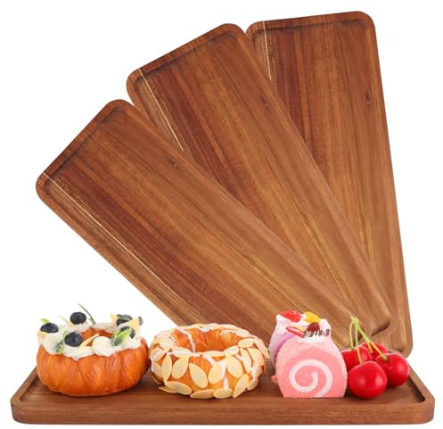 AHAQU 4PCS Wood Serving Tray, 36 x 15 x 1.5cm Acacia Wood Serving Platter with Raised Edge, Wooden Serving Boards for Display Snacks, Fruit, Sushi, Cheese, Candle, Food Decor