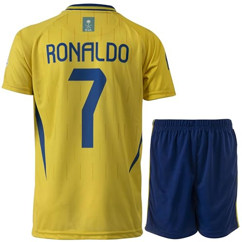 Hawkara NASSR Riyadh Al #7 Heim 2024/2025 Fußball Kindertrikot Shorts Set mit Jugendgrößen (Gelb/Blau,164)