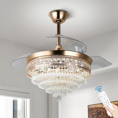diisunbihuo 42 Gold Dimmable LED Fandelier with Light Modern LED Crystal Ceiling Fan with Light Invisible Fandeliers 3 in 1 Color with Memory Function