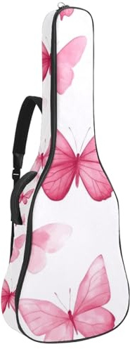 KengjuTesu 43 Zoll Akustikgitarre Softcase mit Rucksackgurt und 2 Taschen Rosa Schmetterlinge, keine Polsterung, Rucksack Wasserdicht Oxford Tuch Bassgitarre Gigbag für Konzertgitarre, mehrfarbig,