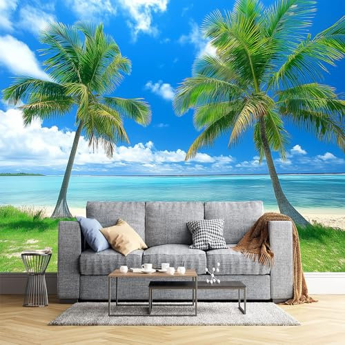 Resort Strand Fototapete - Grüne Landschaft - Größe 400X280Cm (Breite X Höhe) Wandtapete Tapete, Wandbild Wandtattoo Dekoration - Tapete, Kinderzimmer, Kindertapete