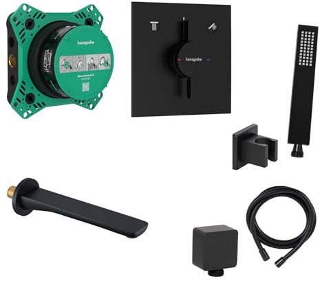 vanvilla Wannenset Unterputz mit Wannenarmatur Hansgrohe schwarz HGS241 | Wannenarmatur von Hansgrohe DuoTurn E, vanvilla Wanneneinlauf und Handbrause eckig, Wannen-SET schwarz