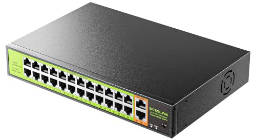 POE-Switch mit 24 POE-Ports + 2 Gigabit-Uplink, 802.3af/at PoE+ 100 Mbit/s, 400 W integrierte Leistung, ungemanagt, erweitert auf 250 m für Überwachungskamerasystem, AP, IP-Telefon. | 802.3af/at, 30W/Port, VLAN, 250M Extend, 6KV Blitzschutz, lüfterloses Metall, WiFi AP VoIP, Plug and Play