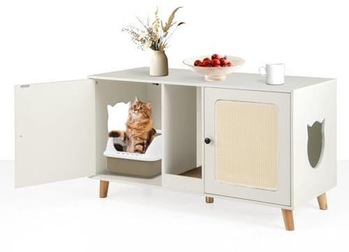COSTWAY Cat Litter Box Enclosure, Wooden Hidden Litter Box Furniture with Scratching Board & Mats, Indoor Cats House End Side Table, 108 x 50 x 60 cm (White)