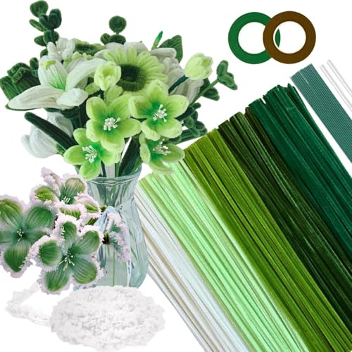 5 Farben Grün Pfeifenreiniger Blumen Set,300 Pcs Pfeifenputzer zum Basteln | Verlaufsgrün. Inkl. Wolle,Blumendraht, Klebeband,Schleifenband,Pipe Cleaner Flower Set