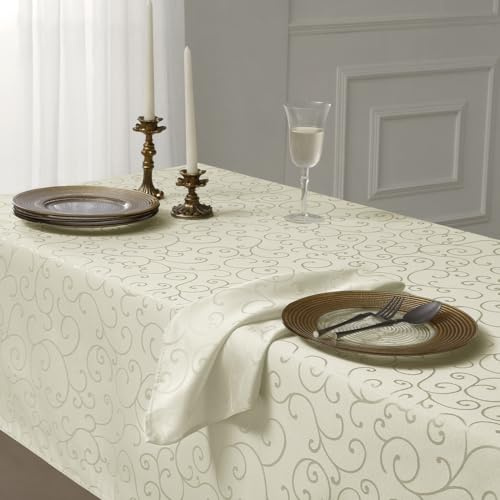 Romanstile Cream Jacquard Xmas Tablecloth wipe clean 140 x 240 cm, Water-Repellent,Stain Resistant,Christmas Table Cloth for Everyday Dining, Garden Parties, Family Meals, Restaurant Use, Birthday