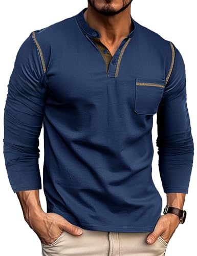 T Shirt Manche Longue Homme Tee-Shirt Coton Henley T-Shirts Casual Boutonné Tshirt Regular Fit Bleu L
