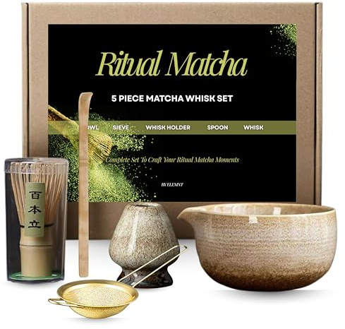 Ritual Matcha 5-Piece Matcha Whisk Set - Authentic Japanese Tea Ceremony Kit with 500ml Kiln Fired Ceramic Matcha Bowl, 100 Prong Bamboo Whisk, Exclusive Gold Sieve, Whisk Holder & Spoon, Gift