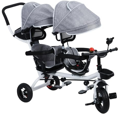 toilmua Tricycle de Tricycle pour Enfants Tricycle de siège Double Pendant 3 à 8 Ans, bébé Trike avec Une canopée Amovible et réglable Grandes Roues Anti-Skid Gris