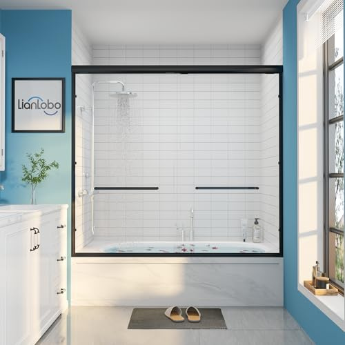 Tub Glass Shower Door, 56-60 W x 57 H Sliding Shower Door, Aluminum Semi-Frameless & 1/4(6mm) Clear Tempered with Explosion-Proof Film Nano Coating Shower Door Fit for Bathtub, Matte Black