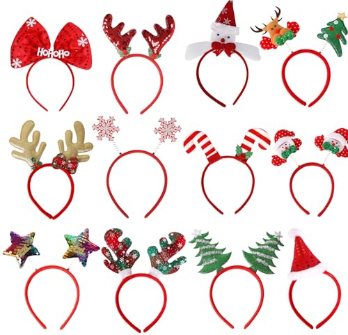 Moorlan 12 Pack Christmas Headbands for Adults and Kids, Fun Xmas Hairbands with Reindeer, Santa, Snowman, Tree, Candy Cane Designs, Festive Party Accessories for Holiday and Christmas Celebrations
