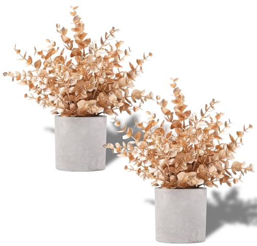 LEUCHTAMOR 2 Stück kleine Kunstpflanzen Eukalyptus-Topfpflanzen für Regal, Schreibtisch, Zuhause, Badezimmer, Landhauszimmer, Couchtisch, Innendekoration (Gold)