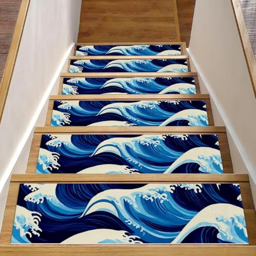 Luoweisi Waves - Set di 15 tappetini antiscivolo per scale in legno, 76,2 x 20,3 cm, per interni, per cani, bambini, anziani, con adesivo riutilizzabile
