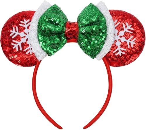 Weihnachten Maus Ohren Schleife Stirnband Haarreif, Glitzer Schneeflocke Haarbänder für Weihnachtsfeier Zubehör Hot Pink Prinzessin Anziehen(rote Weihnachtsflocke)