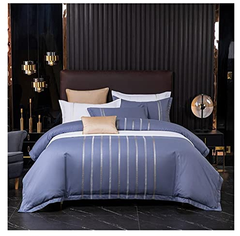 Conjunto de sábanas de la Cama Juego de Cubierta de edredón Bordado Vertical 4 Piezas de algodón Suave y Transpirable Doble/Rey = Kiz Juego de Ropa de Cama Blanca con sábanas para Almohadas de