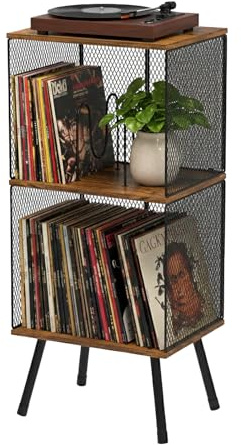 Kryntex 3-Tier Record Player Stand, Turntable Table with Vinyl Storage for 200 LPs, Corner Record Holder with Adjustable Dividers, Mid-Century Vinyl Stand for Living Room, Bedroom