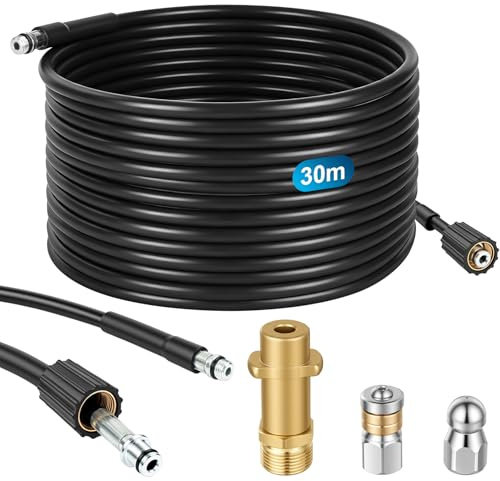 NUTKIT Rohrreinigungsset, 30m Rohrreinigungsschlauch Set mit M22 Adaptern | Düsen Starr＆Rotierend, Hochdruckschlauch Rohrreinigungsset Kompatibel mit Hochdruckreiniger Kärcher K2 K3 K4 K5 K6 K7