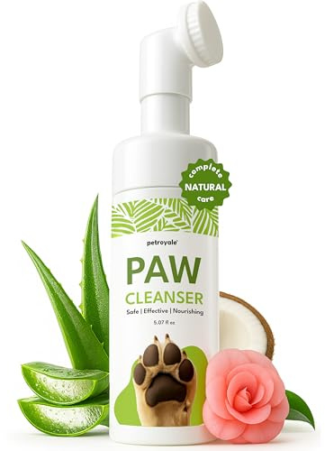 PETROYALE Paw Cleanser for Dogs & Cats - Foaming Pet Paw Cleaner with Brush - Aloe Vera, Camellia & Coconut Oil - Dog Feet Cleaner & Paw Washer for Large & Small Dogs (5.07 fl oz)