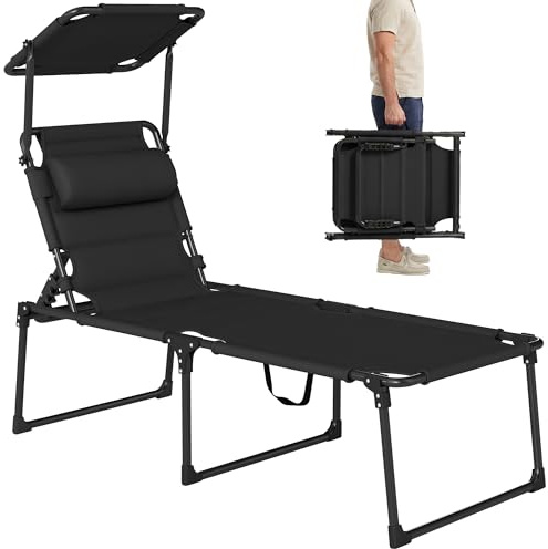 Outsunny Sonnenliege, klappbarer Liegestuhl mit Sonnenschutz, Kopfstütze aus Oxford-Stoff, verstellbare Gartenliege für Strand, Camping, Pool, Terrasse, 70 x 200 x 45 cm, schwarz