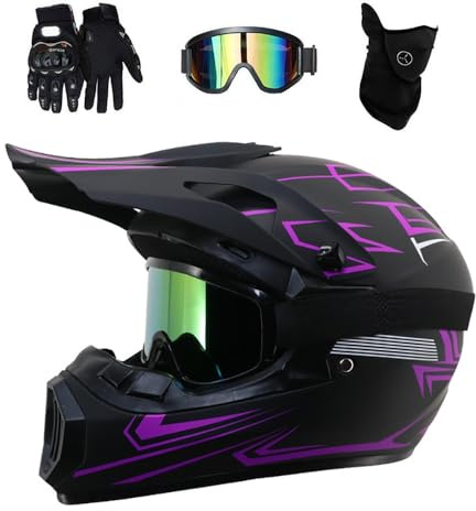 Integrale MTB Casco da Motocross, con Occhiali Guanti Maschera, Gioventù Ragazzo Fuori Strada ATV Scooter Moto Casco, Discesa Quad Dirt Bike Enduro Schianto Cascos(Black Purple,S/52-55CM)