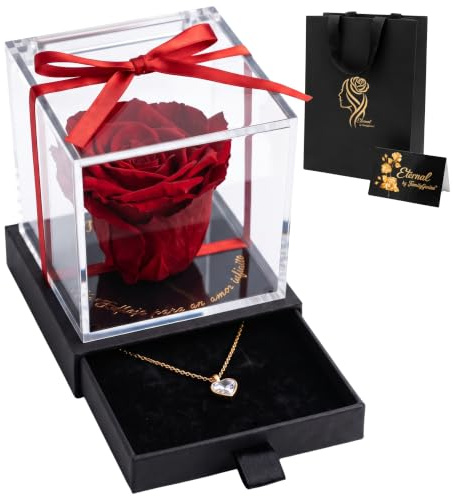 FamilyGenius Rosa Eterna Natural Preservada con Collar Corazón, Caja Regalo con Cajón Secreto, Flores Preservadas, Regalo Original para Mujer, Madre, Novia, Esposa, Cumpleaños y Aniversario