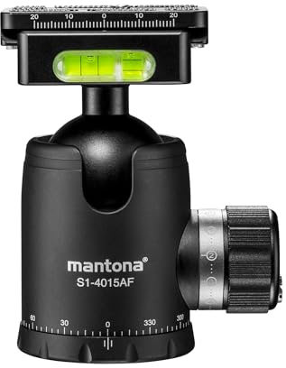 Mantona Fortress Kugelkopf 40 mm bis 15 kg, Stativkopf mit 360° Panorama-Funktion & 3 Wasserwaagen, inkl. Schnellwechselplatte und Friktionswegkontrolle