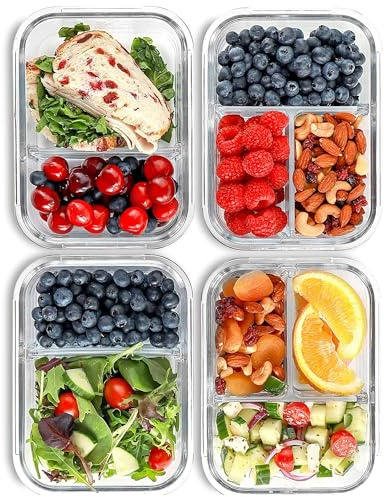 Glass Meal Prep Containers - 2 & 3 Compartment (4 Pack, 1000 ML) with Airtight Lids - Glass Lunch Containers, Portion Control