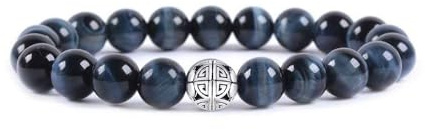 MetJakt Natural 8mm Piedras Preciosas Curación Crystal Stretch Moldeado Pulsera Brazalete con Plata de Ley 925 Doble Felicidad Colgante (Blue Tiger Eye)