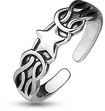 Bungsa Stern & Ketten Zehenring Silber Damen Brass (Zehring Fussschmuck Fussring Toe-Ring Nail Ring Nagelring biegbar verstellbar)