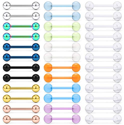 LAURITAMI 36stk Zungenpiercing Brustwarzenpiercing Set Edelstahl Bioflex Kunststoff 14G 16mm Piercing Zunge