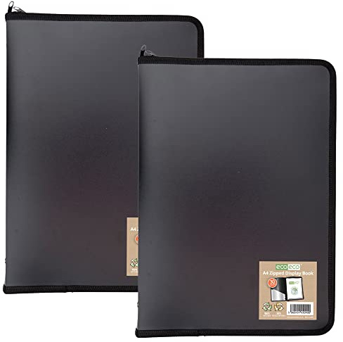 Ecoeco - Raccoglitore per presentazioni, formato A4, 50% riciclato, 30 tasche, con cerniera, colore nero, con custodia in plastica, confezione da 2, eco090 x 2
