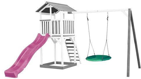 AXI Beach Tower Wooden Play Tower in Grey and White | Play tower with sandpit, nesting swing and purple slide | Play house on stilts for the garden
