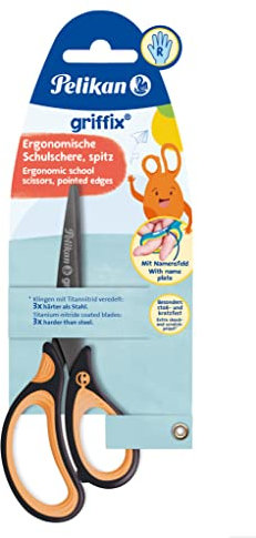 PELIKAN Griffix Spitzschere, Schere für Rechtshänder, Länge 15 cm, Schulschere, Titanbeschichtung, Ergonomischer und Weicher Griff, Ideal zum Büro und Schule, Black Orange, Blisterverpackung
