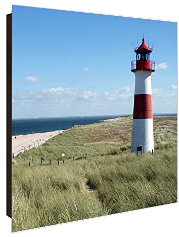 banjado Großer Schlüsselkasten Glas - Schlüsselbox 30x30cm mit 50 Haken - Schlüsselkasten modern für Schlüsselaufbewahrung mit beschreibbarer, magnetischer Glastür - Motiv Leuchtturm