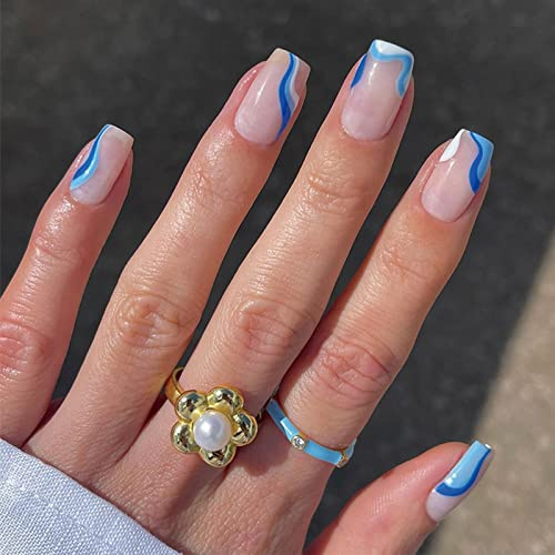 Ceboic 24 Stück Press on Nails Viereckig Kurz, Blau Welle French Kunstnägel Nägel Zum Aufkleben mit Klebesticker, Acryl Fingernägel Fake Nails für Frauen und Mädchen Heimat DIY