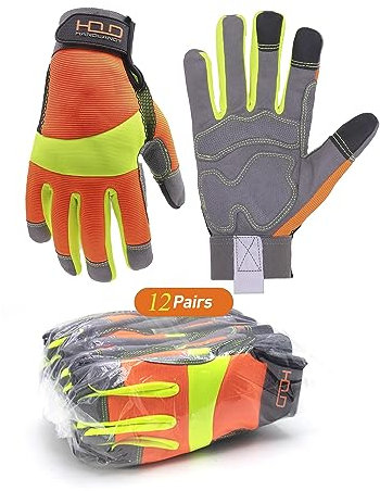 HANDLANDY Bulk 12 Pairs Anti Vibration Gloves Hi-vis Reflective Safety Work Gloves, Touch Screen, Flexible Spandex Back Anti Vibrant Gloves (S, Orange)