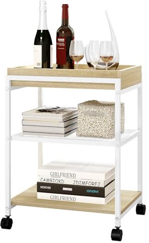 WOLTU Mesa de Centro con 3 Niveles, Carrito Auxiliar con Ruedas y Frenos, Carro Almacenamiento con Bandeja Extraíble, Estante de Malla, Blanco+Roble Claro, BTS09hei