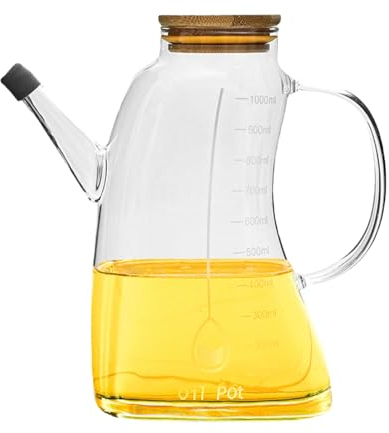 ARNUZ Bouteilles d'huile anti-fuite en verre transparent de 1 l avec mesure pour huile, récipient à épices liquide pour huile d'olive, huile de tournesol, vinaigre, sauce soja, vin de cuisine