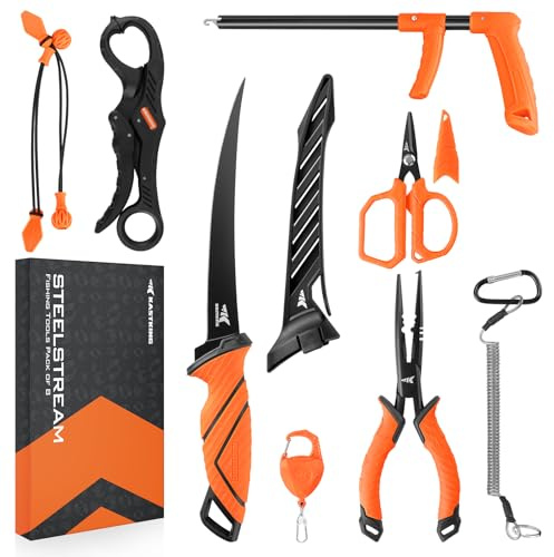 KastKing SteelStream 8pc Fishing Tool Kit - Fishing Pliers with Lanyard, Fillet Knife, Floating Fish Lip Gripper, Fishing Braid Scissors, Tool Retractor, Fishing Hook Remover, Bungee Cords