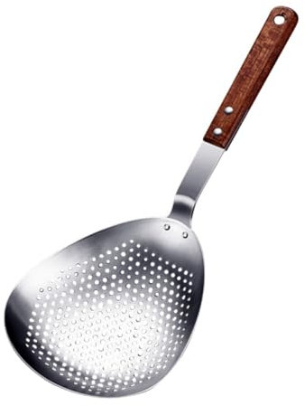 FELTECHELECTR Colador De Acero Inoxidable Para Freír Skimmer Ranurado 304 Mango Largo De Palo De Rosa Resistente Al Calor Para Cocina y Servir Alimentos