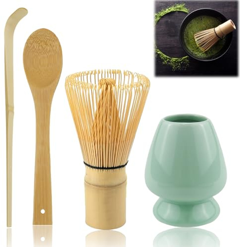 Rierousy Matcha Besen 4-Teiliges Set, Matcha-Schneebesen mit 2 Matcha Löffel, Matcha Whisk,Matcha Tea Set, Teepinselhalter aus Keramik (cyanfarben)