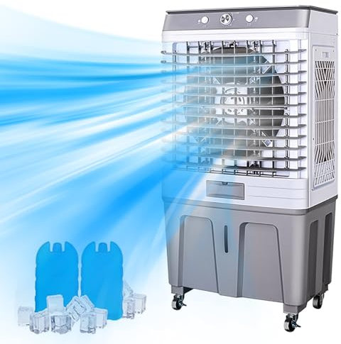 Enfriador de Aire Evaporativo, Humidificador Industrial 3 en 1 con Tanque de Agua Grande de 80 Litros, Enfriador Doméstico con 3 Velocidades, Oscilación de 110°, Rueda Universal, para Hogar/industrial
