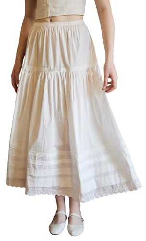 BEAUTELICATE 100% Algodón Blanco Maxi Falda Larga Mujer Encaje Verano Renacimiento Medieval A-Línea Falda (Blanco-Girasol Encaje,S)